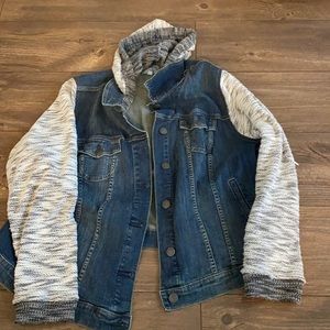 Jean jacket with sweat shirt sleeves and hood